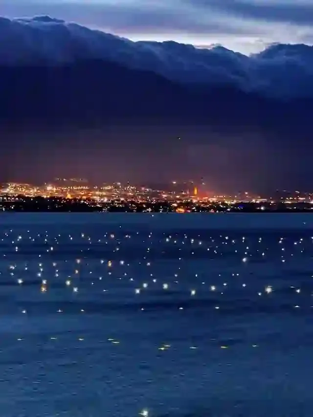 Fishing lanterns glowing across the night water of Erhai Lake