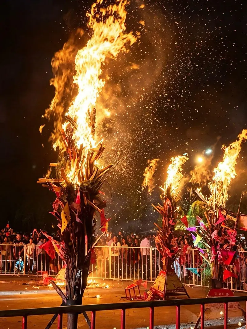 A giant burning torch above a crowd on the night of the Torch Festival