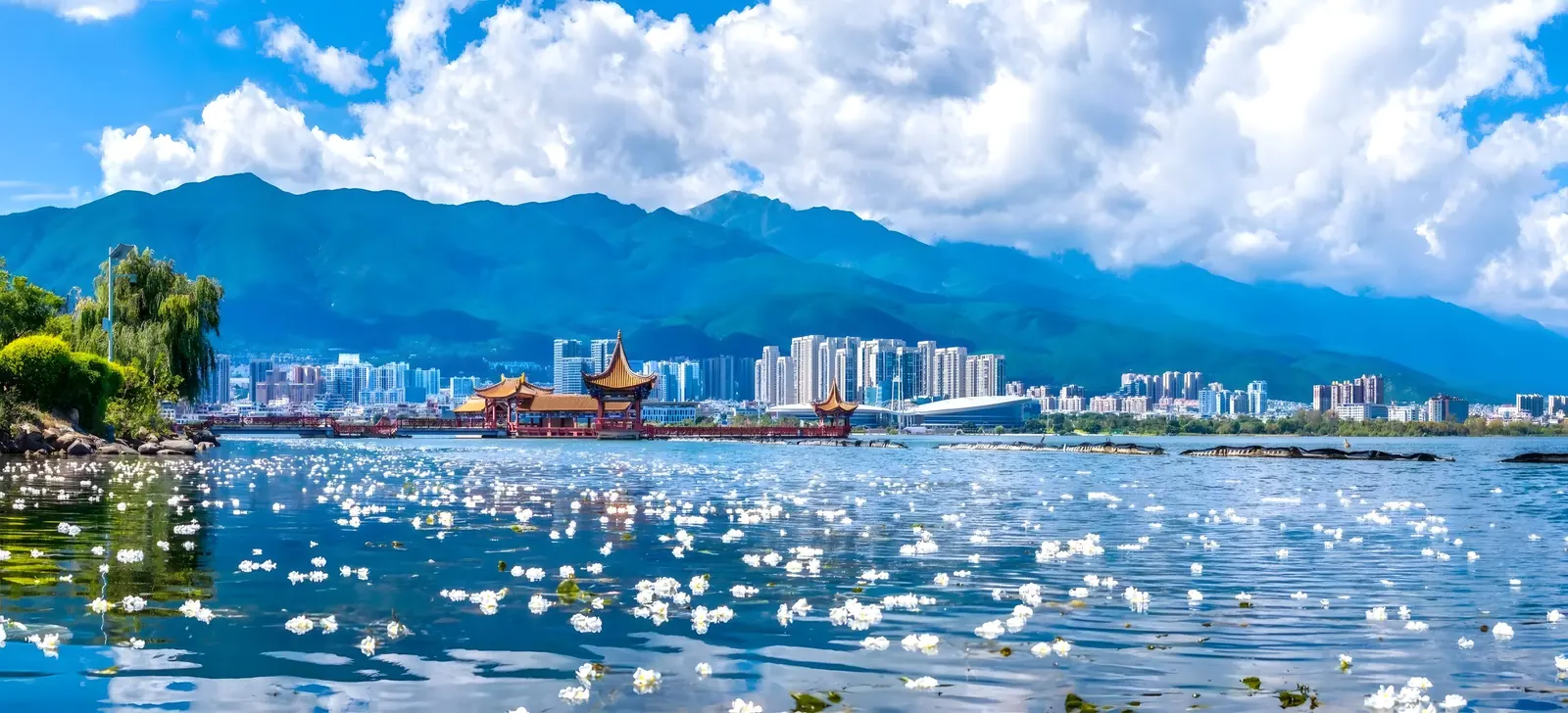 Erhai Lake with white sea-flowers, a red pavilion and the Cangshan mountains