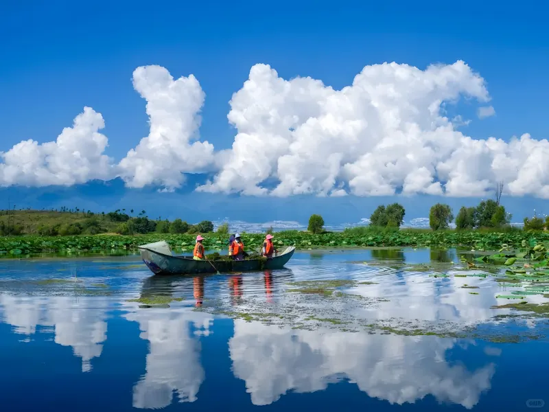 A small wooden boat on Erhai Lake beneath towering white summer clouds