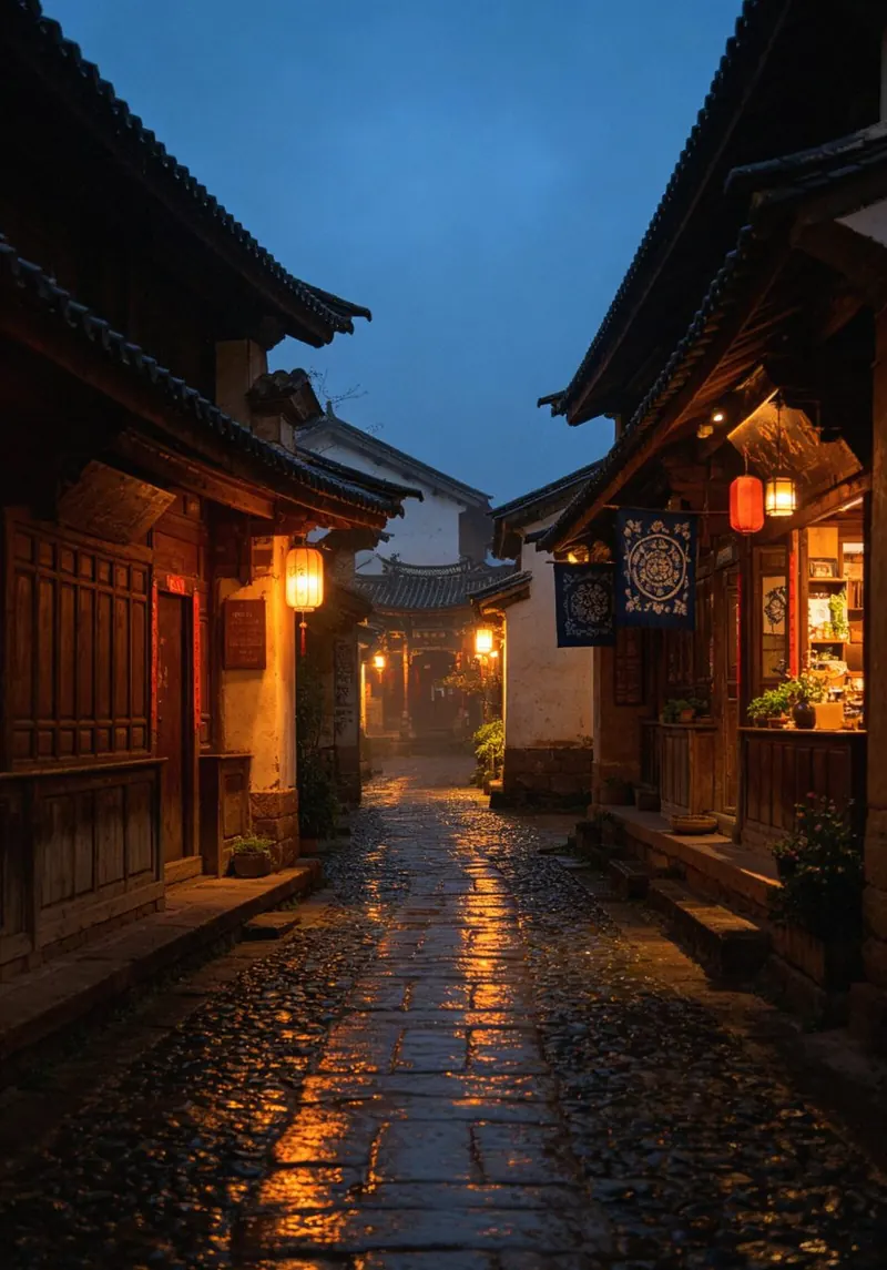 Lanterns glowing along a Shaxi street at dusk