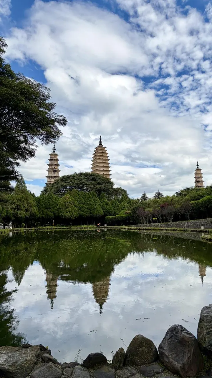 The Three Pagodas mirrored in their reflecting pool